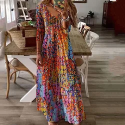 plus size women's dress temperament new plant flower printing long-sleeved lady's dress