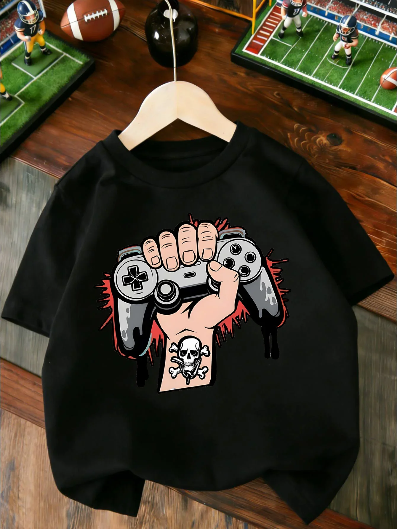 Retro Gamepad Skeleton Tattoo Hand Graphic T Shirt Boys Girls Casual Short Sleeve Tee Family Matching Soft Cotton Kids Tops