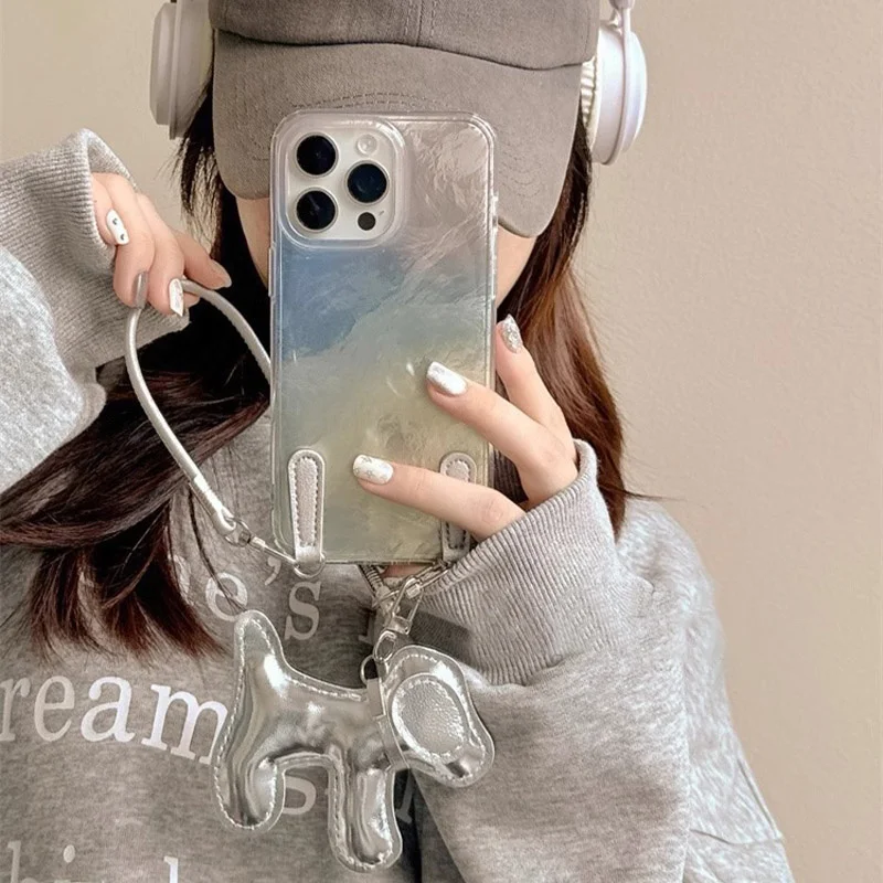 

Through hole vortex color gradient phone case with small dog long and short hanging rope for iPhone 11 12 13 14 15 16 pro max
