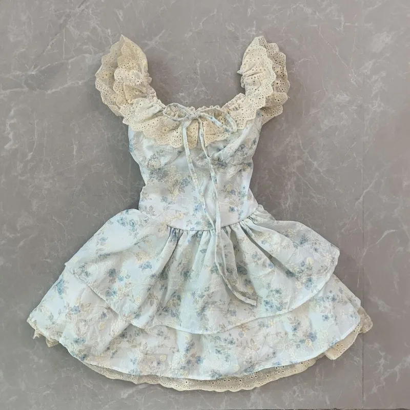Women Sweet Mini Dress Halter Neck Polka Dot Ruffle Bow Lace Trim Slim Fit Suit Kawaii Lolita Style Summer Cute Girl Outfit 2025