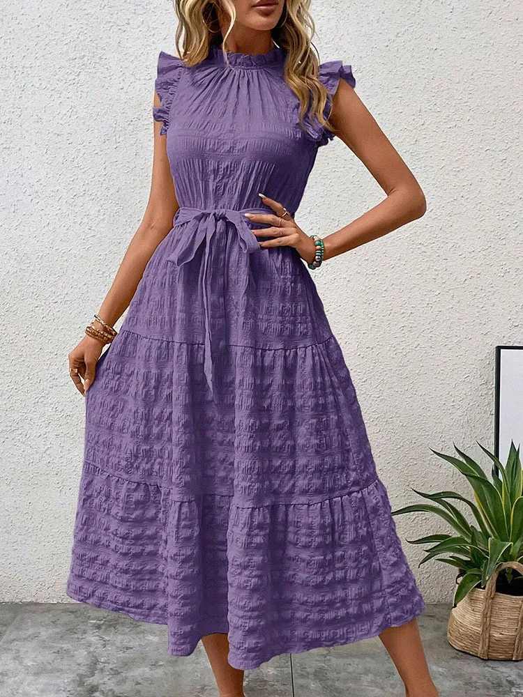 Women\'s New Summer Dress Fashion Elegant Ear-hem Flying Sleeves Lace-up Office Lady Midi Dresses For Women Robe Femme Vestidos