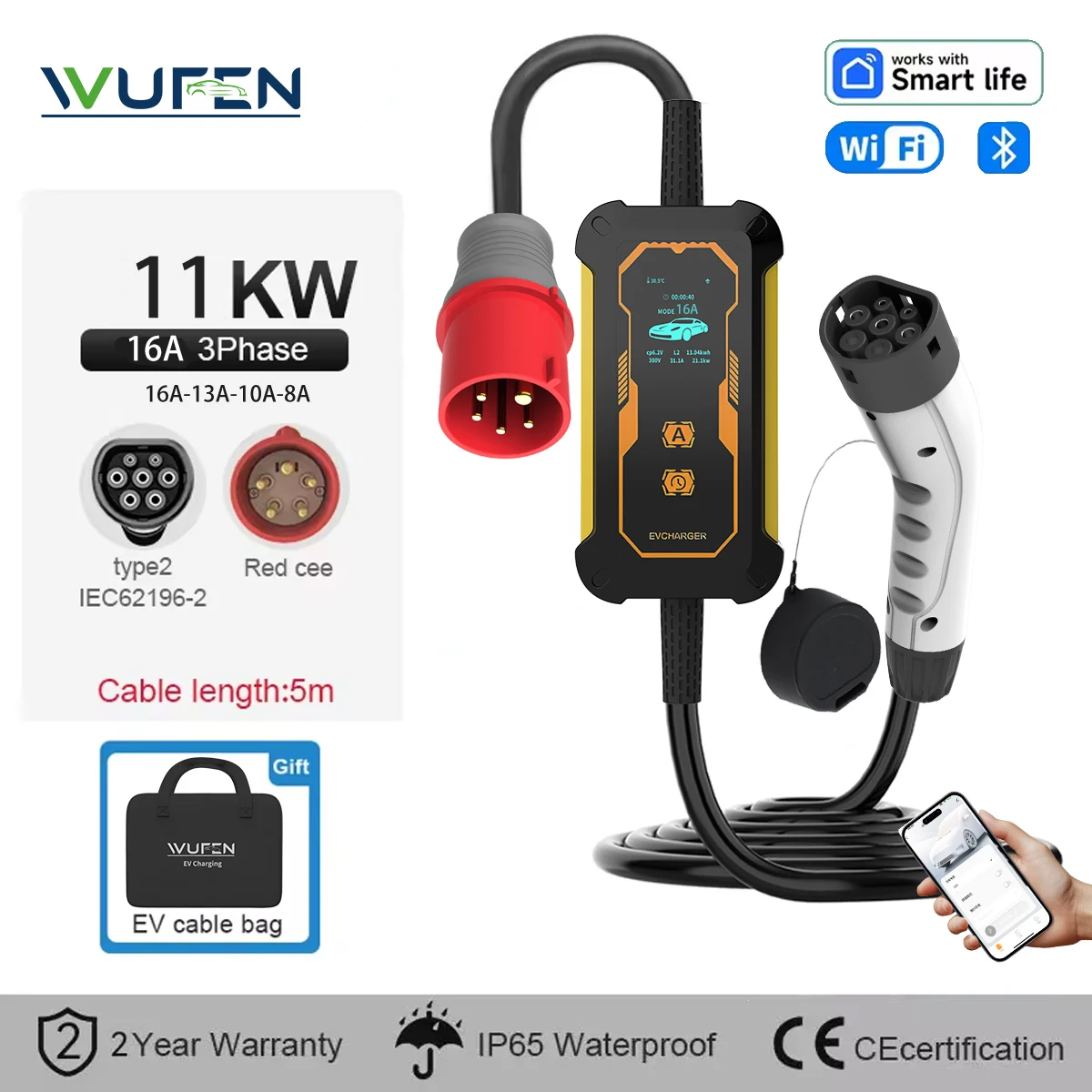 

WUFEN Type2 Portable EV Charger 11KW 16A 3P GBT Car Charger Wi-Fi APP Control EVSE Charging Box CEE Plug for Electric Vehicle