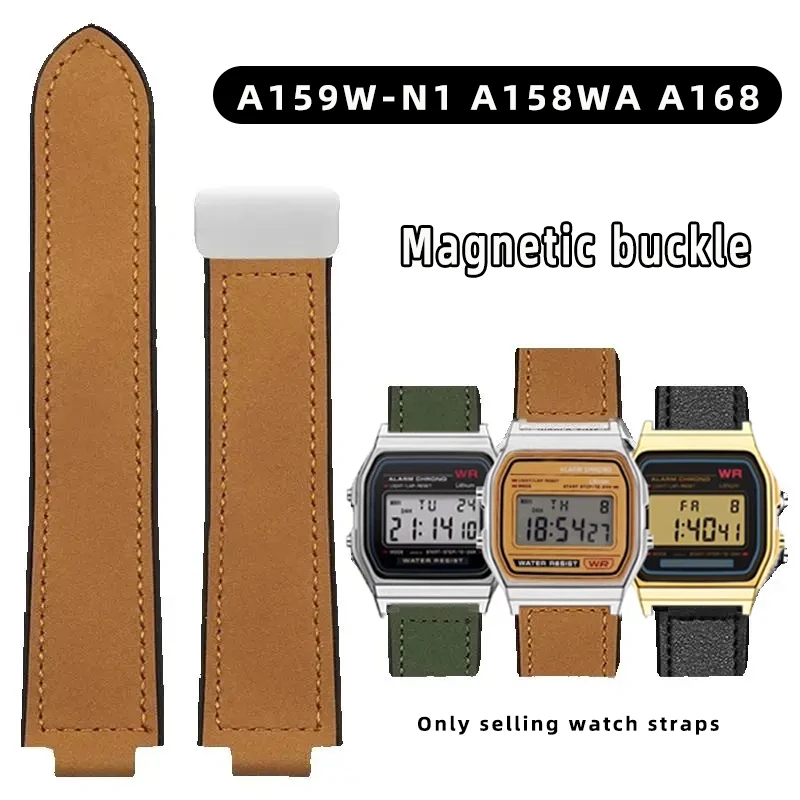 خمر جلد البقر حزام الساعات ل كاسيو مربع صغير A159W-N1 A158WA A168 F-91 SGW400 AQ-150W المغناطيسي الرجال حزام ساعة جلد 18 مللي متر