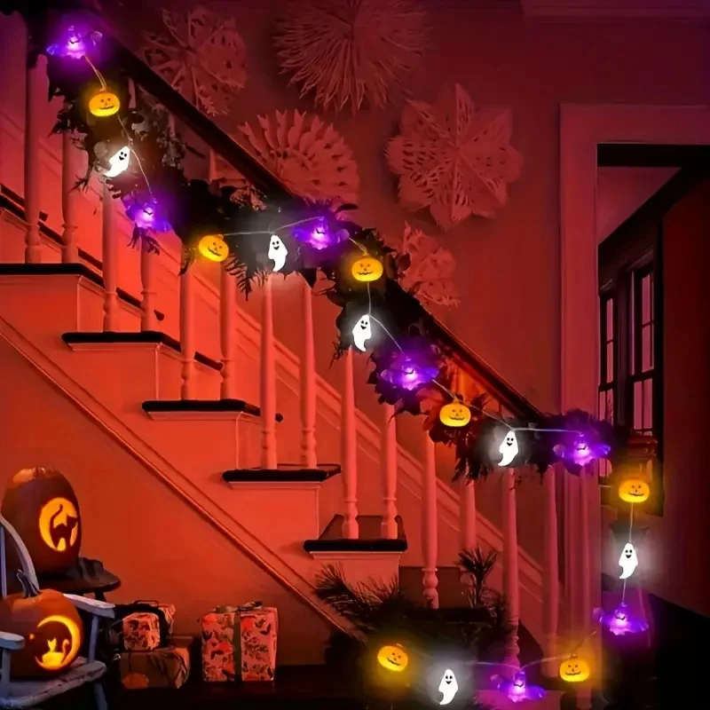 1PC 10/20/40LEDS Halloween String Lights  Battery Operated Pumpkin Bat Ghost Indoor Home Courtyard Halloween Decorative Lights