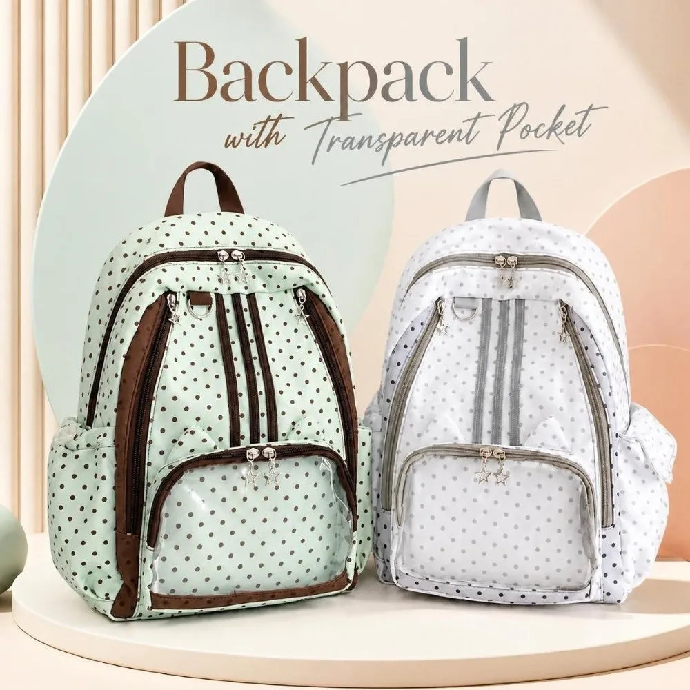 Kawaii Polka Dot Student Backpack Durable Transparent Pocket Rucksack Lightweight Multi‑pocket Backpack School