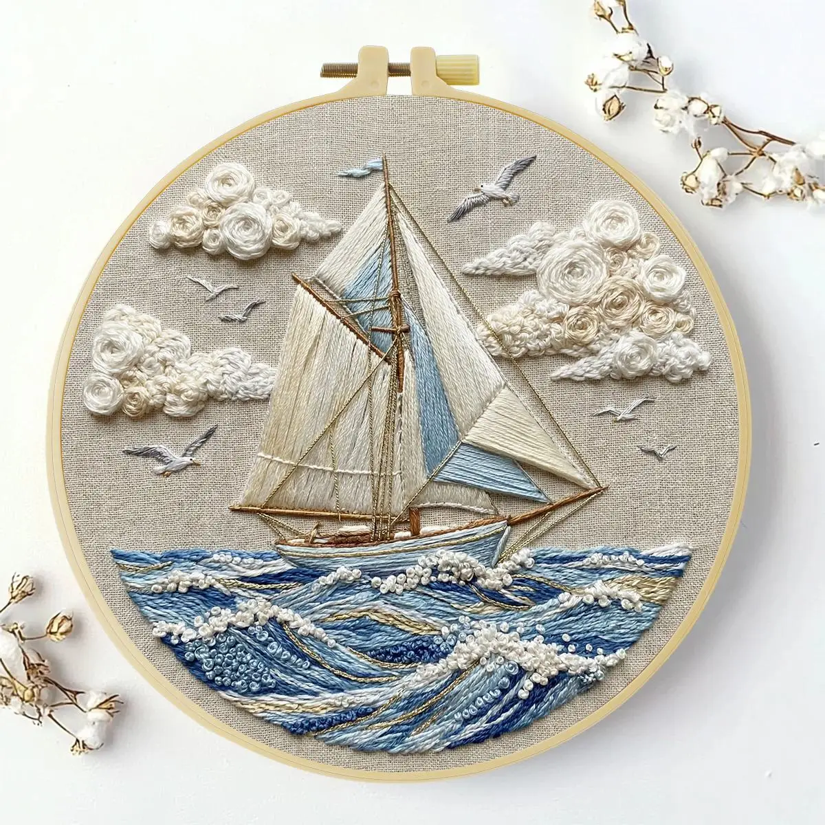 1 Stück 20X20CM/15X15CM 7,87/6,3 Zoll Wellen und Segelboote Stickerei-Starter-Kit DIY-Kit DIY-Stickerei-Set Handarbeiten Nadelkunst – Detail 1
