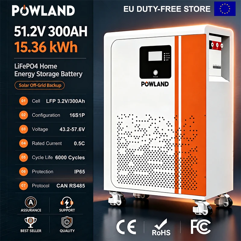 POWLAND LiFePO4-batterij 51,2V 300Ah 15kWh, vrijstaand, voor thuisgebruik, zonne-energieopslag, 51,2V BMS, 6000 cycli, CAN RS485, off-grid back-up