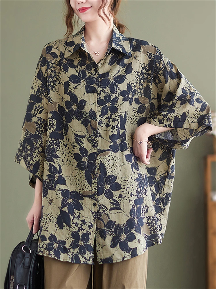 Camisa de lino de algodón para mujer, blusa informal holgada de manga larga con estampado Floral Vintage, Top de ocio para primavera y verano