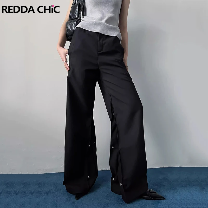 

ReddaChic Button Deconstructed Suit Trousers Women Plain Black Low Rise Loose Straight Wide Leg Pants OL Minimalist Casual Pants