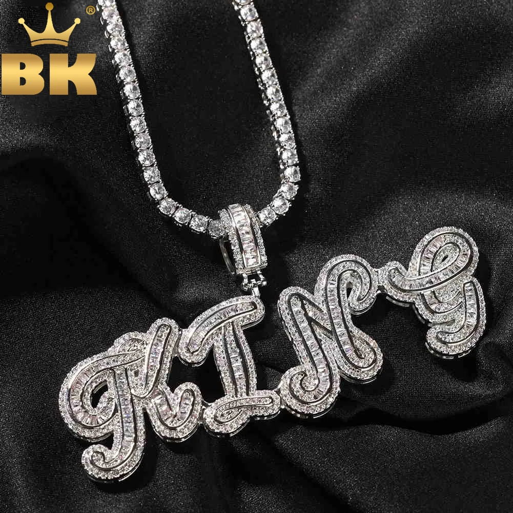 

TBTK Custom Cursive Baguettecz Letter Pendant Iced Out Cubic Zirconia Script Initial Name Tennis Chain Necklace Hiphop Jewelry