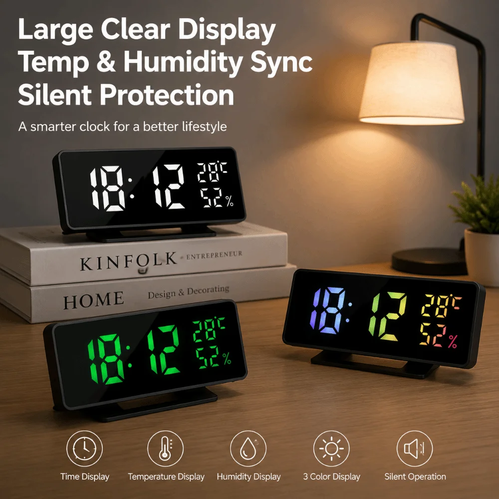 Voice Control Digital Alarm Clock Snooze Temperature Desktop Table Clock Dual Alarm Night Mode Bedside LED Clock Bedroom