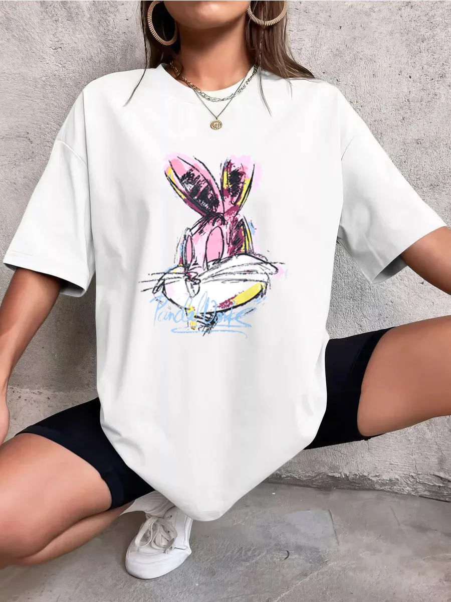 Hirsionsan Kawaii Rabbit Printed T-Shirt Women Soft Casual Short Sleeve Summer Cotton Breathable Tshirt Chicken Brothers Tee