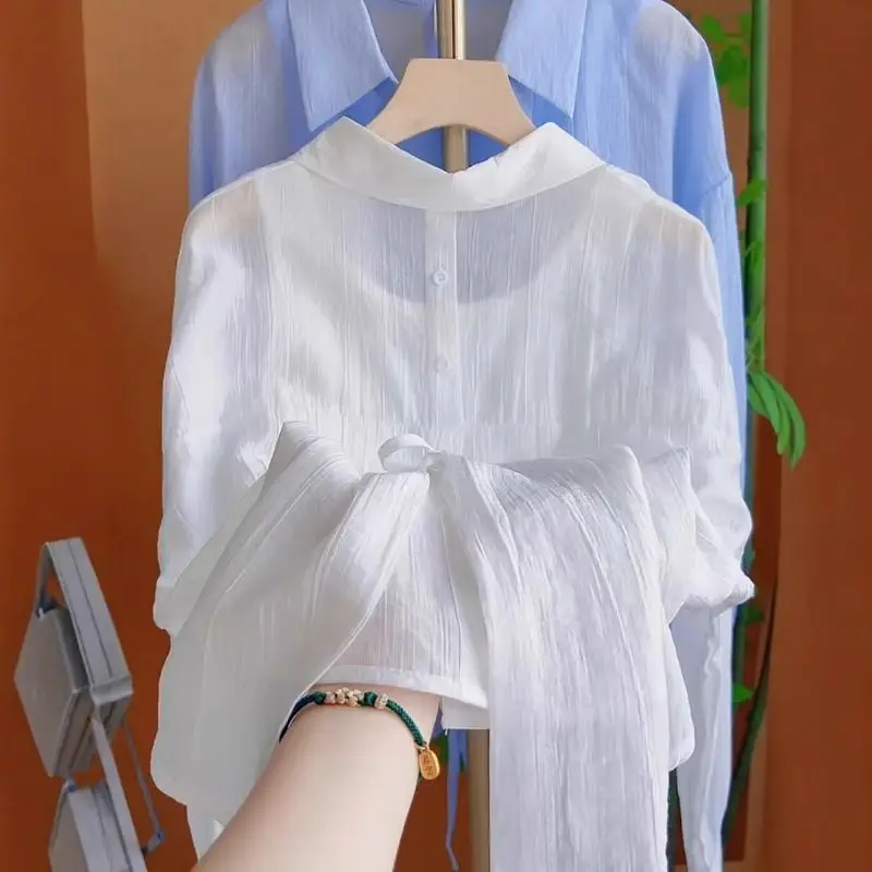 White  Collar Long Sve Women's Summer Lightweight Sun Protection irt Ba Split Belted Single Button Outerwear Cardigan