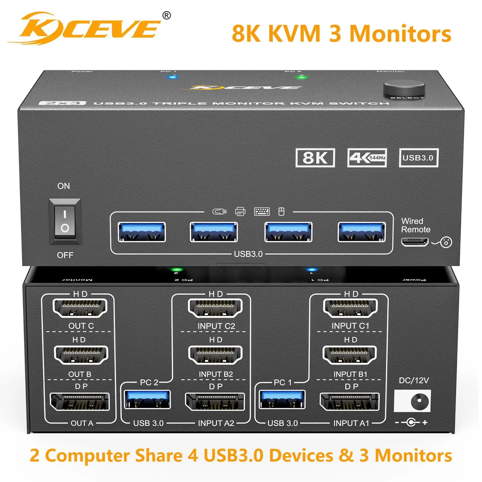 KCEVE 8K Tripe 3 Monitors KVM Switcher USB 3.0 Hub HDMI-Compatible DP Docking Station Switch Selector 2 Computers Share Keyboard