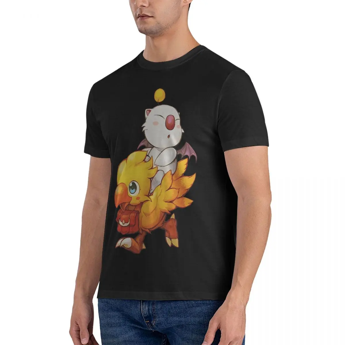 Men's T-Shirt Chocobo & Moogle Funny Cotton Tees Short Sleeve Final Fantasy T Shirts O Neck Clothing Birthday Present