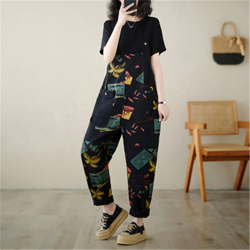 Spring Summer New Harajuku Denim Jumpsuit Women Casual Black Print Overalls Vintage Female Loose Hip Hop Rompers Streetwear W272