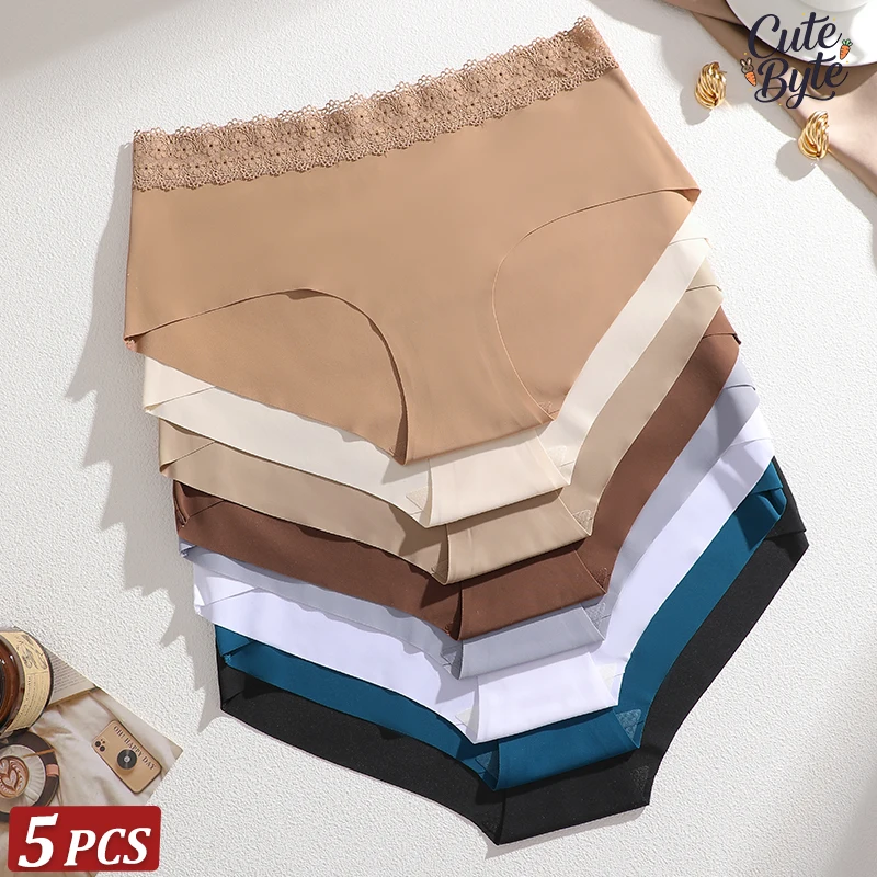 FINETOO 5 Stück/Set Sexy Hohle Spitzen-Höschen Mädchen-Unterwäsche Elastische Damen-Slips mit Niedriger Taille Nahtlose Weiche Bequeme Dessous