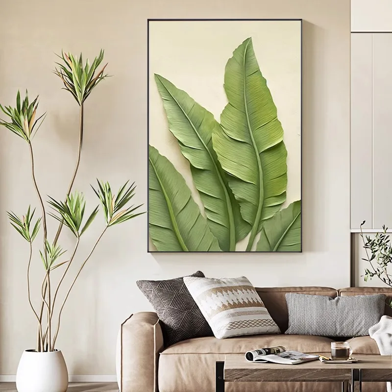 

Green plants enter the entrance decorativegreen leaves high-end light luxury living room background wall sofa canvas painting