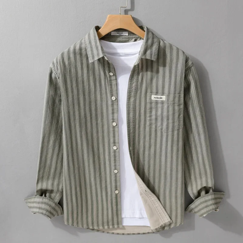 2025 Spring and autumn men's striped simple long-sleeved shirt trendy Japanese loose popular youth all-match