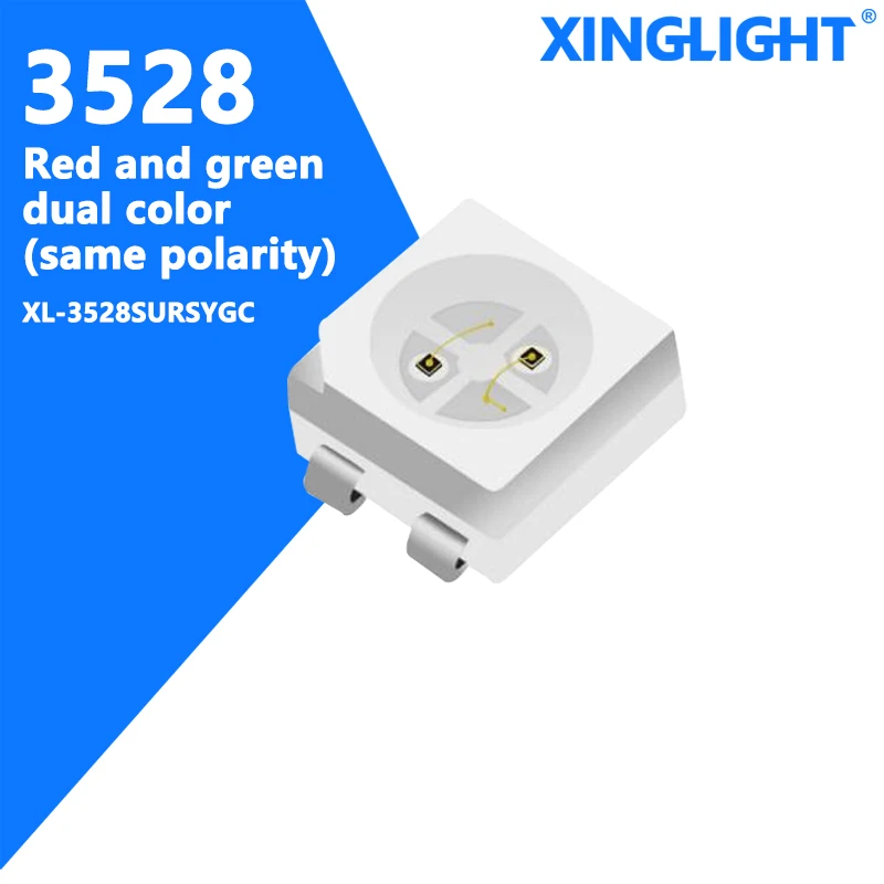 XINGLIGHT 100pcs 3528RGB SMD LED Bead Red Green Two Color Homopolar Polarity Surface Mounted Light Emitting Diode XL-3528SURSYGC