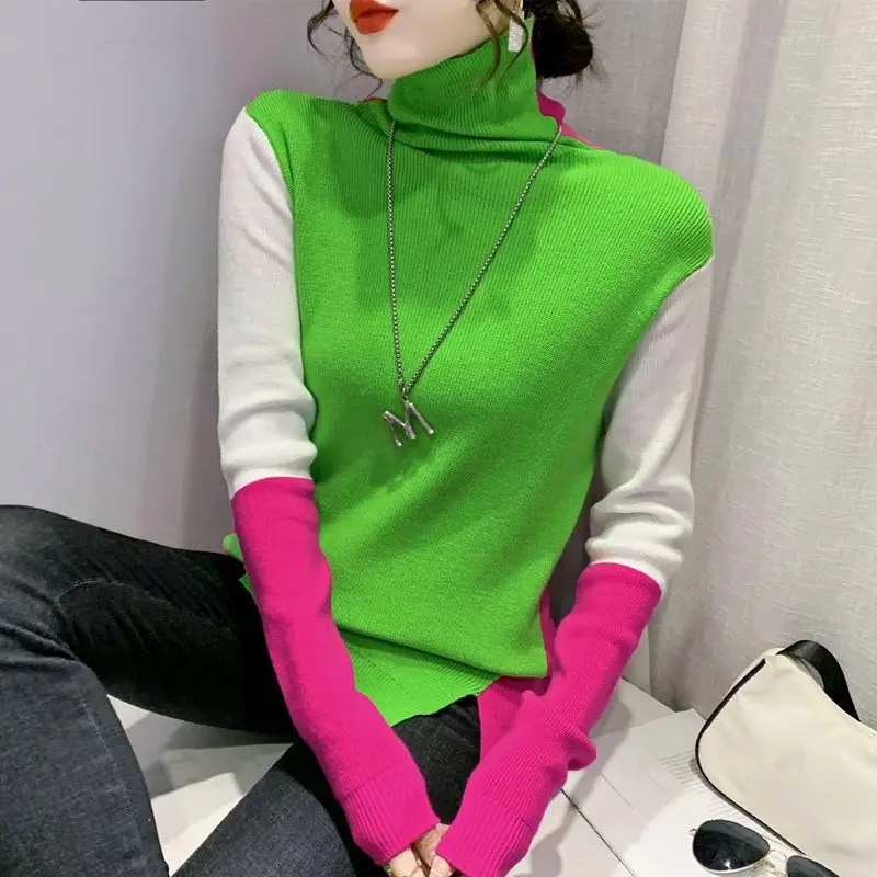 Contrast Color turtleneck Pullover Bottom Sweater Women\'s Autumn Winter 2023 New Slim Commute All-match Long Sleeve Knitted Tops