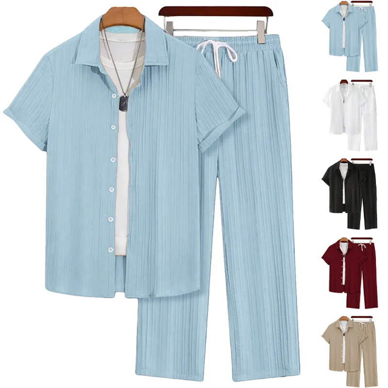 

New Men's Large Size Summer Hawaii Business Casual Loose Short Sleeve Long Pants Shirt Comfortable Breathable Polyester