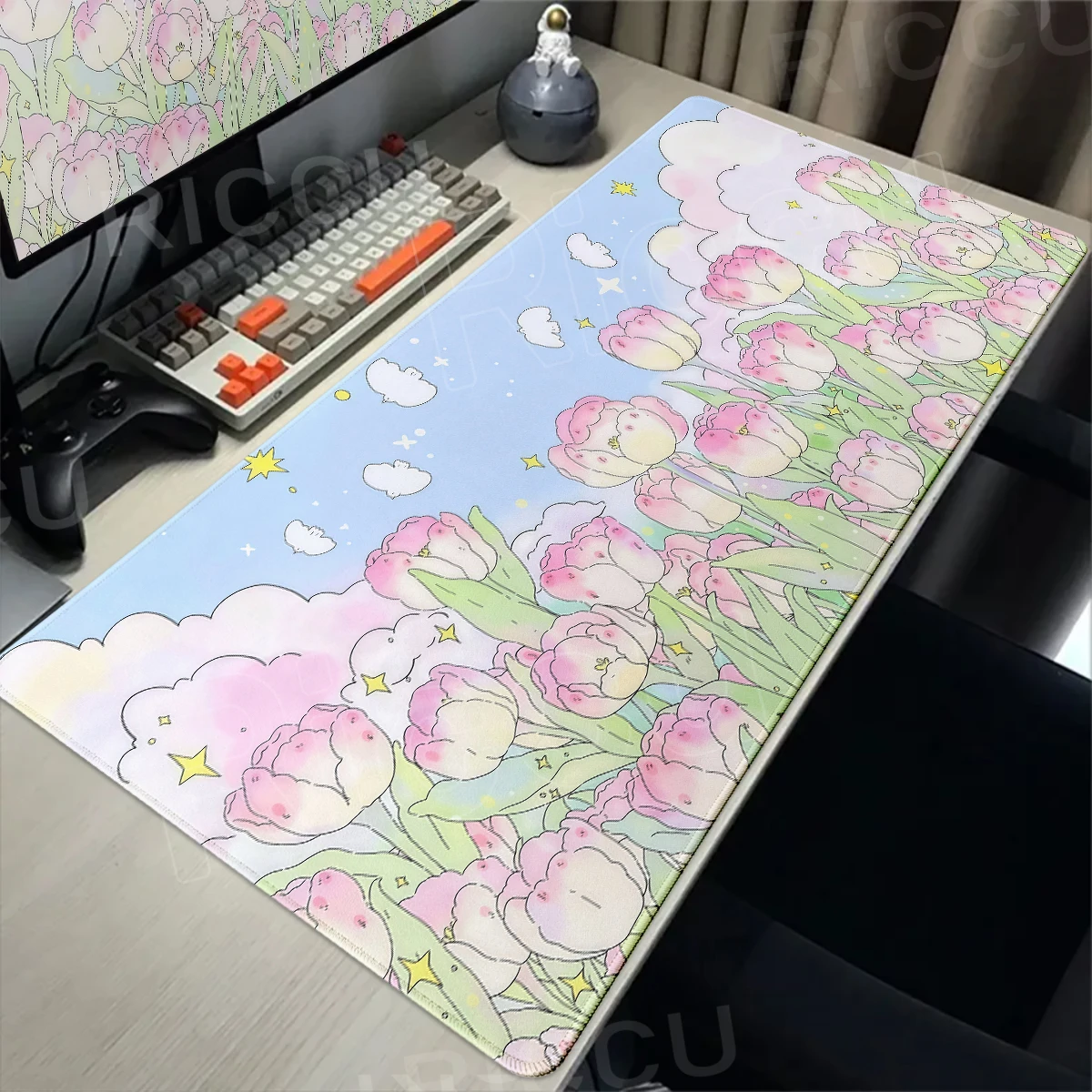 Fantasy Pink Cloud Mousepad Pastellblumen-Tulpen-Mauspad, Bürozubehör, Schreibtischunterlage, Gaming-PC-Tastaturmatten, Xxl Anime-Teppich