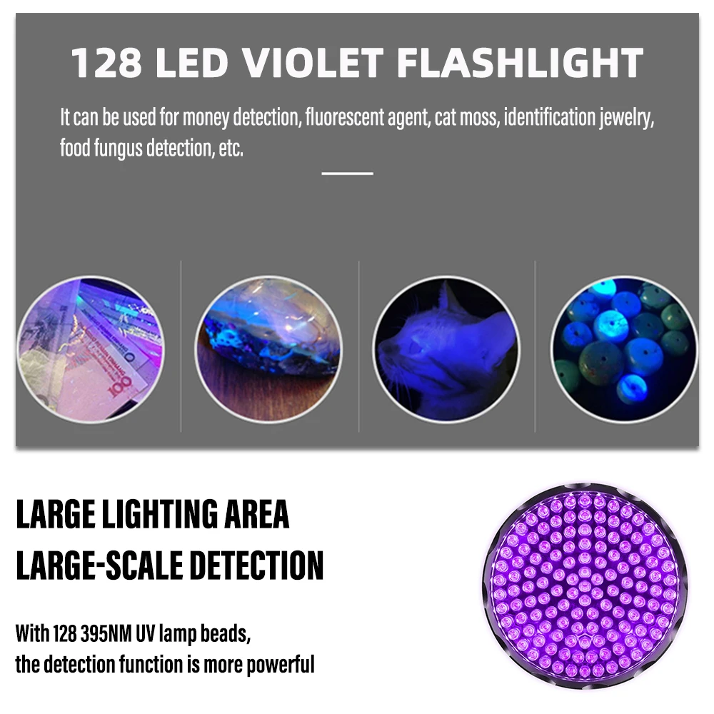 Uv lanterna com 128 leds 395nm ultra violeta tocha luz lâmpada blacklight detector para cão urina pet manchas e cama bug