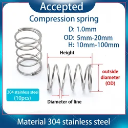 304 Stainless Steel Spring Compression Spring Wire Diameter 1.0mm Outer Diameter 5mm-20mm (10pcs)