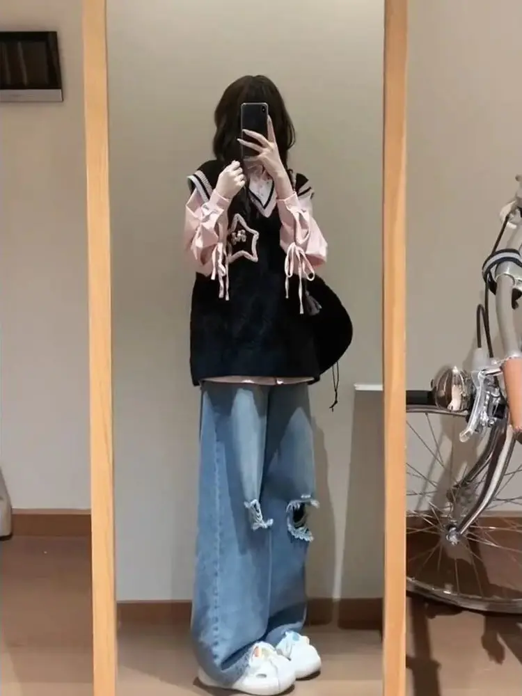 

Женский жилет для колледжа, комплект из двух предметов, вязаная верхняя одежда Svel Bla на весну и осень, повседневная универсальная одежда