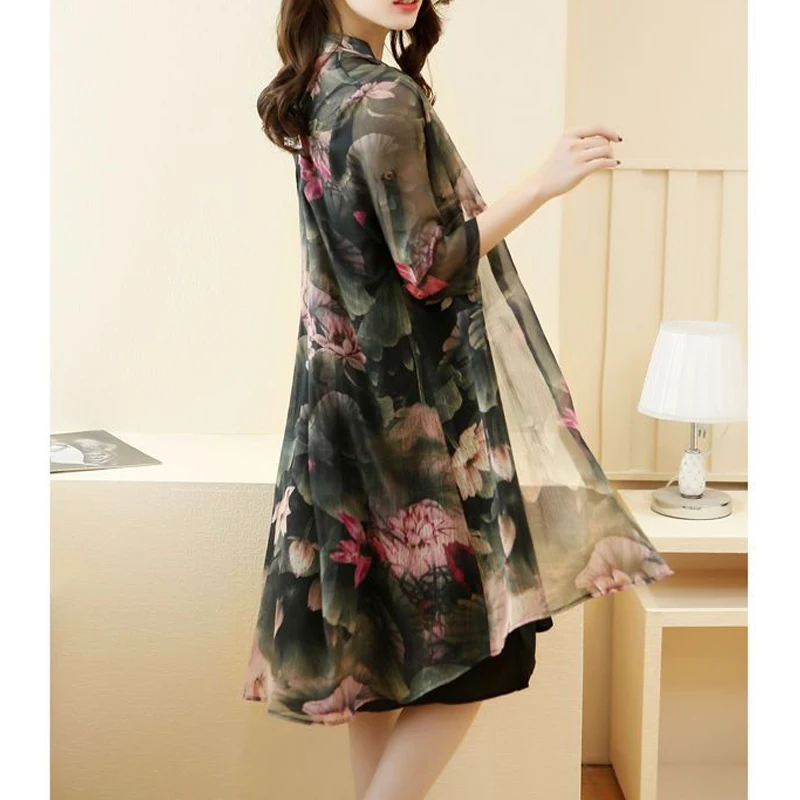 Summer New Fashion Dress Suit Women Solid Color Slip Dress and Floral Printing Casual Half Sleeve Button All-match Elegant Coat