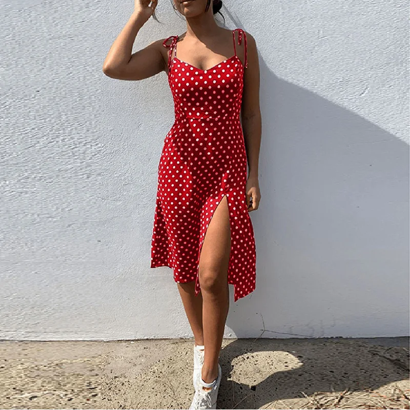 Dresses 2024 Sundress Summer Women Causal Polka Dot Sleeveless High Pleated elastic waist V-Neck Beach Dress Vestidos De Verano