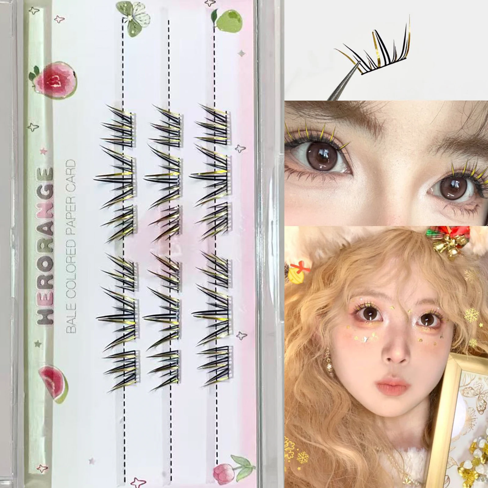 Pestañas postizas amarillas degradadas coloridas, volumen Natural, extensión de pestañas navideñas rizadas, puesta en escena, maquillaje de fotografía