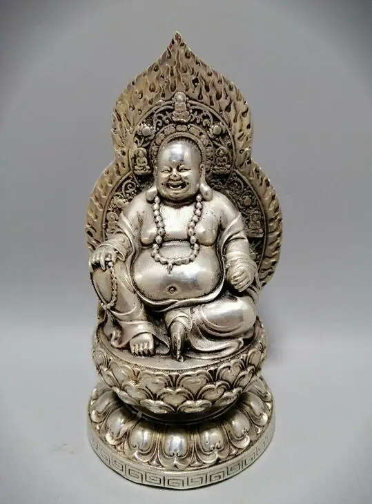 

6.69" Chinese Buddhism Pure Copper Silvering Handmade Maitreya Buddha Statue