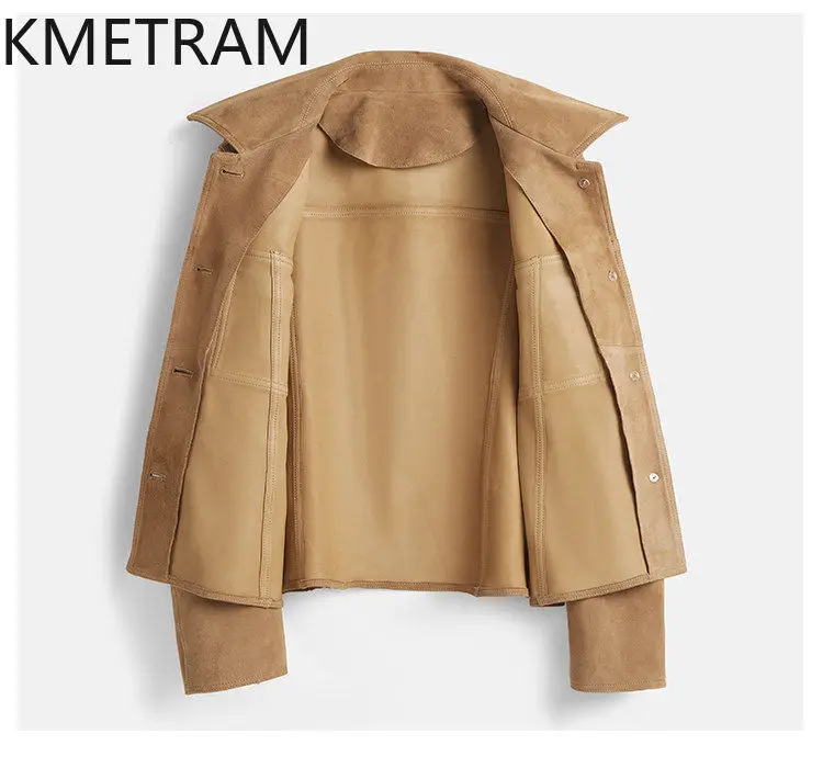 KMETRAM Genuine Leather Coat Crossbred Sheep Suede Leather Jacket Woman Tie Waist Crop Trench Jackets of Woman Slim Fit Jaqueta