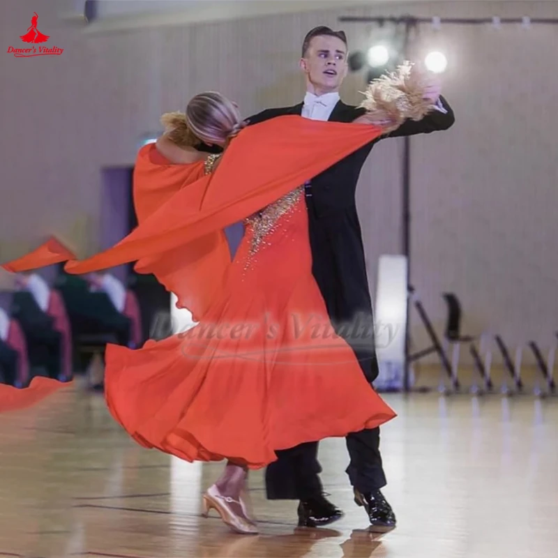 Weense wals oranje mouwloze grote swingjurken met V-hals voor volwassenen sociale dansvoorstellingen en wedstrijdkleding maatwerk