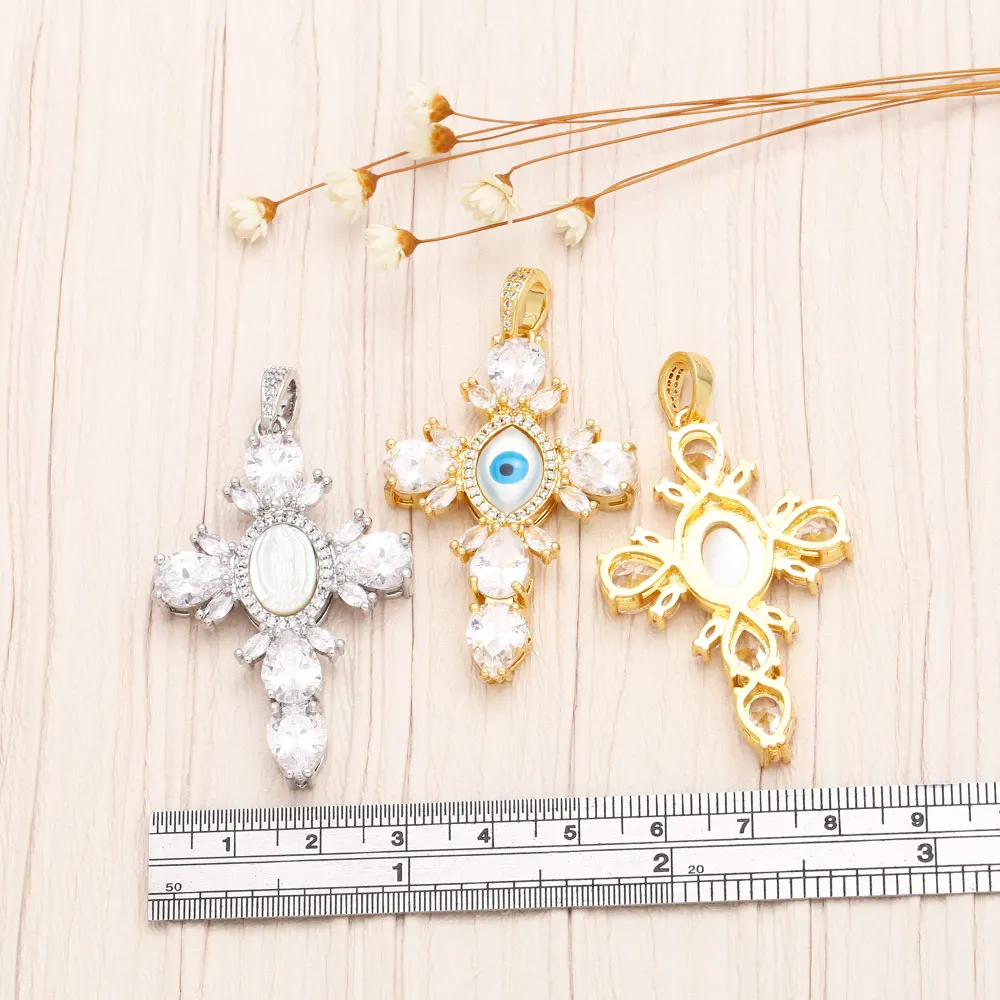 OCESRIO Trendy Large White Crystal Cross Pendant for Necklace Copper Gold Plated Enamel Eye DIY Jewelry Making Supplies pdtb296