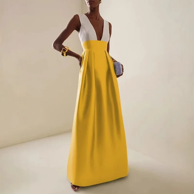 

Женские платья 2026: Новинка Весна-Лето, однотонные, элегантные, с глубоким V-образным вырезом, без рукавов, с завышенной талией, для вечеринок