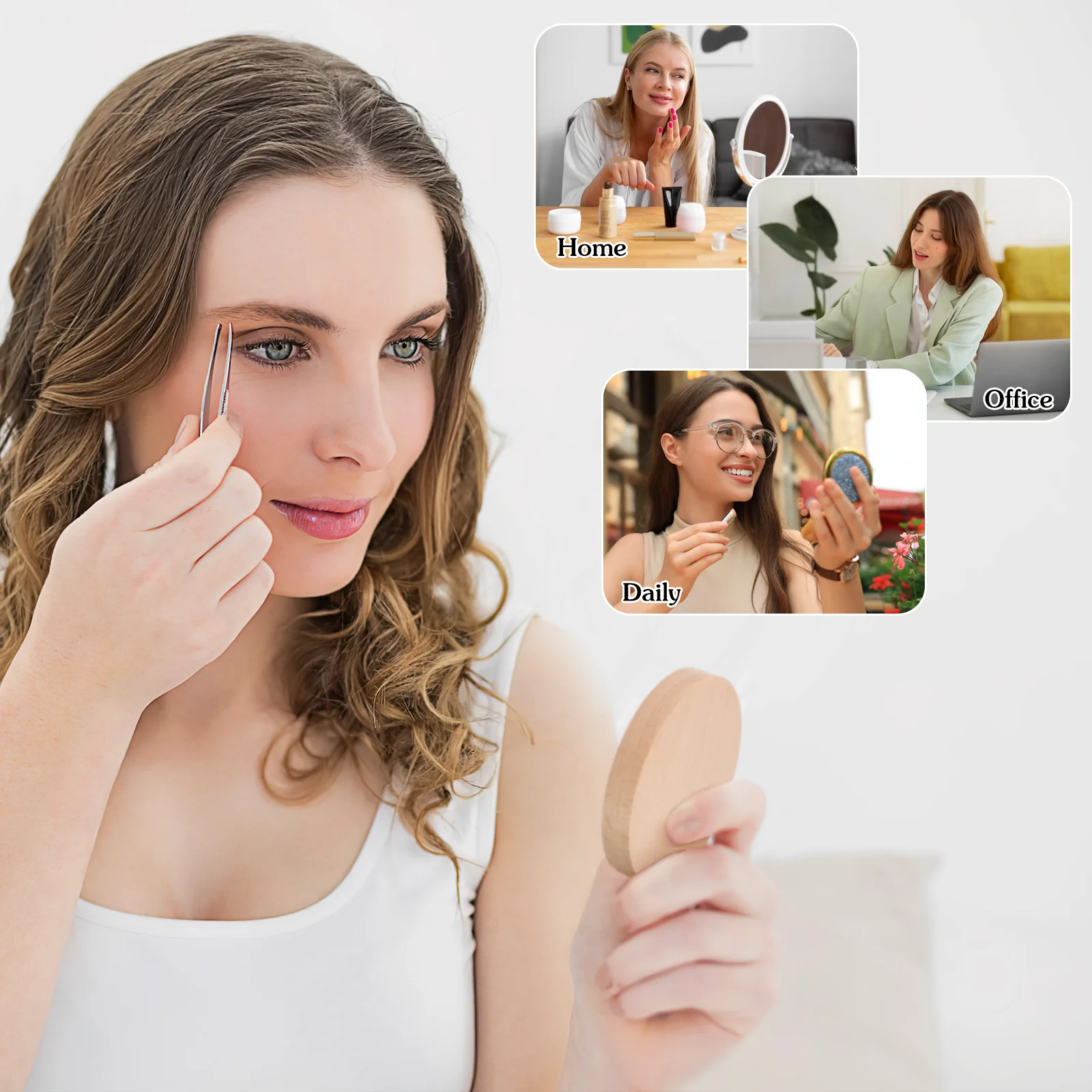 2Pcs Mini Makeup Mirror Round Compact Portable Wood Glass Lightweight Pocket Mirror Clear Travel Gift for Women