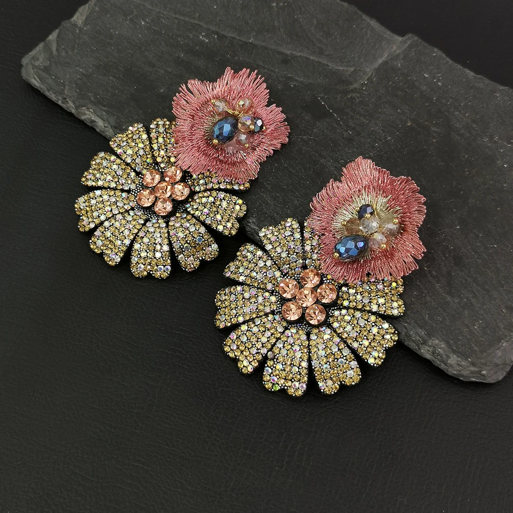 Big Rhinestones Flower Drop Earrings For Women Statement Crystal Dangle Earring Fashion Party  Jewelry Pink Accessories