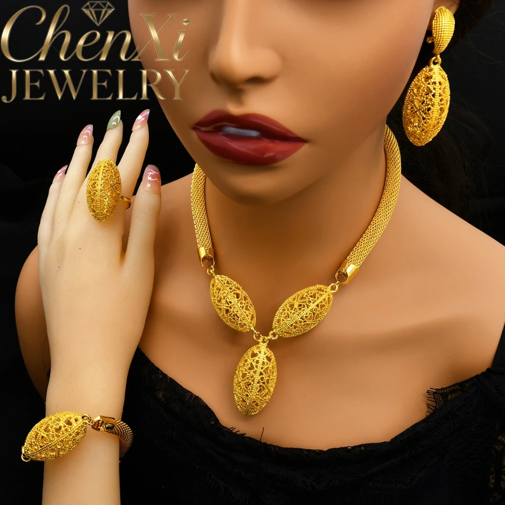 High-End Luxury Elegant Alluvial Gold Fashion Popular Jewelry Set Women Wedding Party Banquet Necklace Earrings Ring 4pcs Gift