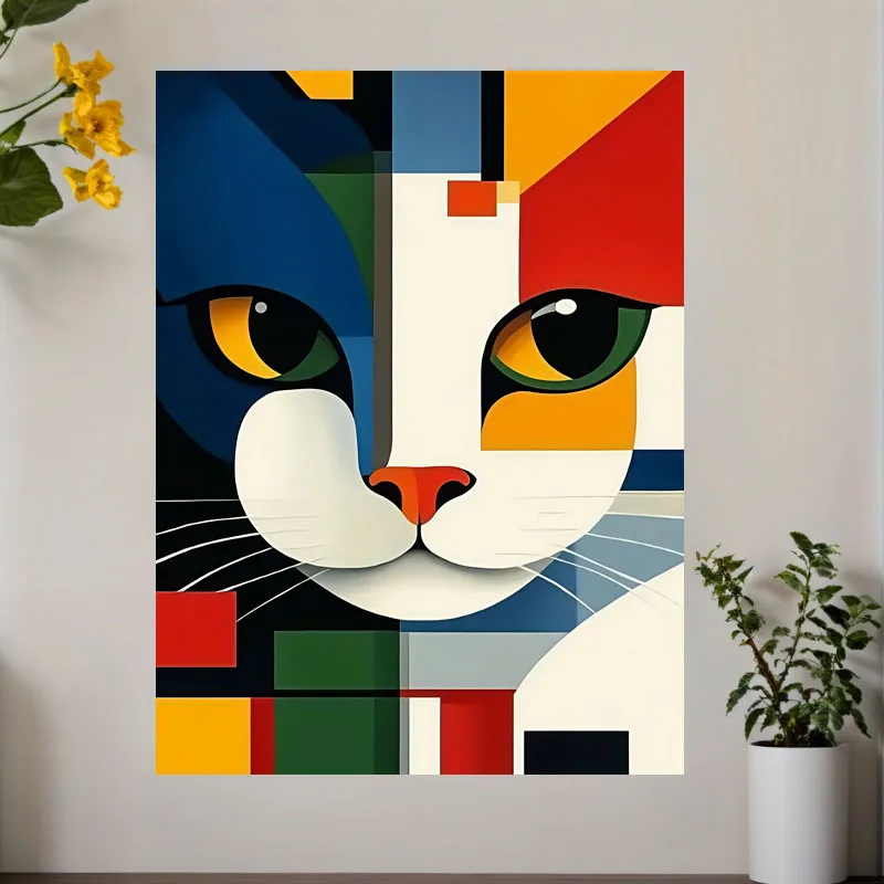(No frame)2D Flat, 1pc Wooden Framed Canvas Wall Art, Chic Abstract Cat Canvas Print Poster, Colorful Geometric Design, Moder
