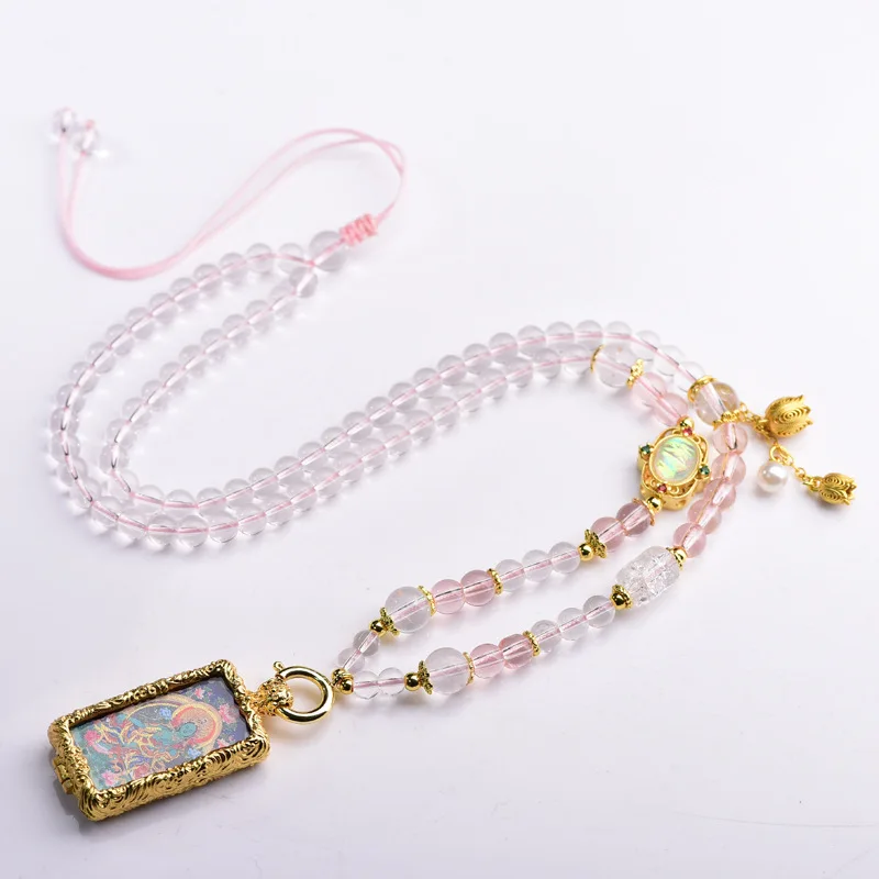 Handwoven Crystal Beaded Double-sided Thangka Pendant Necklace with Quick Release Buckle Universal Clasp Neck Chain Gifts