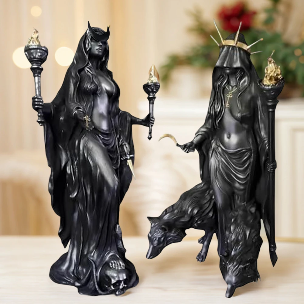 Escultura de Resina de la Diosa Griega Hécate, la Bruja de la Noche, con sus Perros de la Magia, Mensajera de la Luz del Submundo