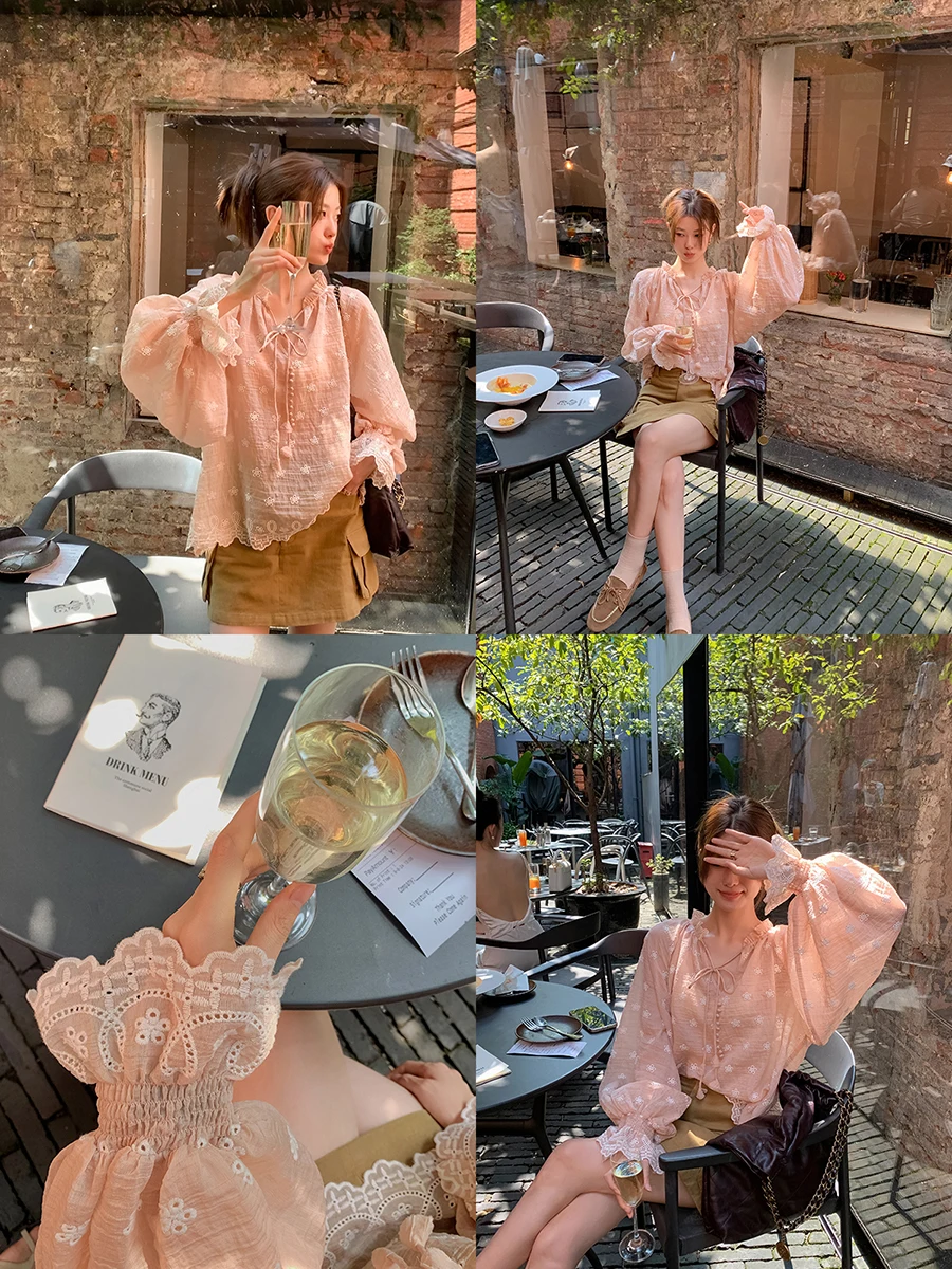 

Yum Star French Sle Straight Cut Long Sve Embroidered Flower Silk Top Romantic Aosphere Summer Collection