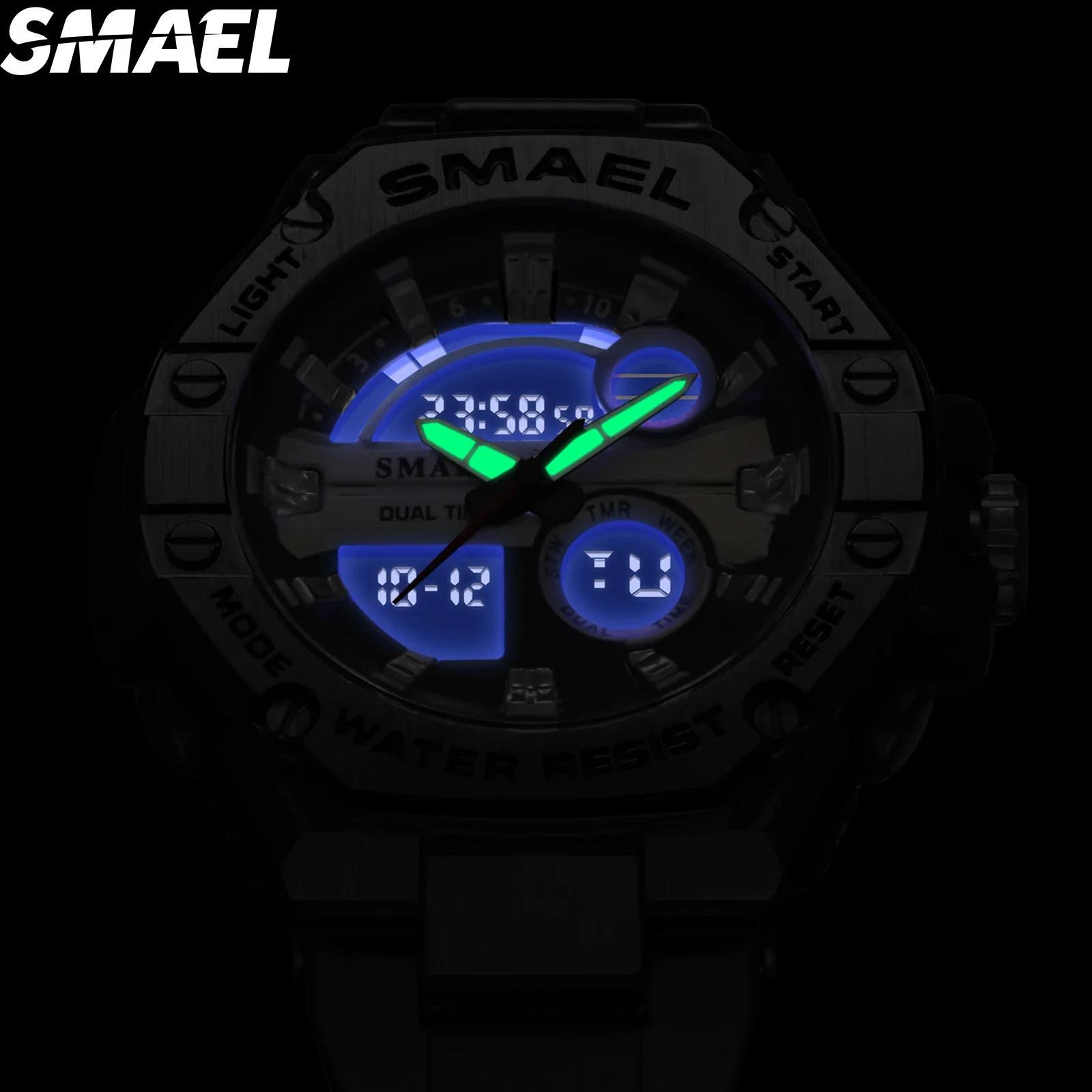 SMAEL-reloj despertador para hombre, pulsera electrónica multifuncional de aleación de acero, con doble pantalla, resistente al agua, 8090