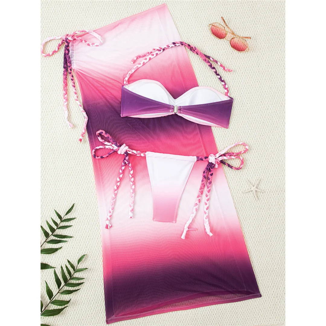 Mit Rock, Farbverlauf, Neckholder-Bikini, Damen-Badebekleidung, weiblicher Badeanzug, dreiteiliges Bikini-Set, gepolsterter Badeanzug, Badeanzug, Schwimmbekleidung V7614 – Detail 3