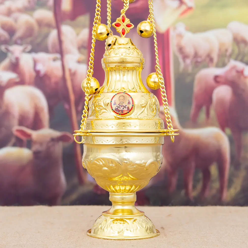 Neuer orthodoxer Weihrauchbrenner mit Kette und Glocken aus vergoldeter Zinklegierung, für Kirchenzeremonien, mit traditionellem Design, Geschenk. – Detail 13
