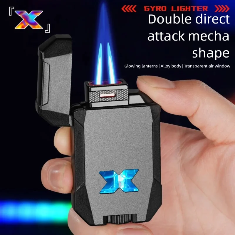 Innovative trendy internet-famous mecha double direct-jet high-power colorful flashing light inflatable windproof cigar lighter