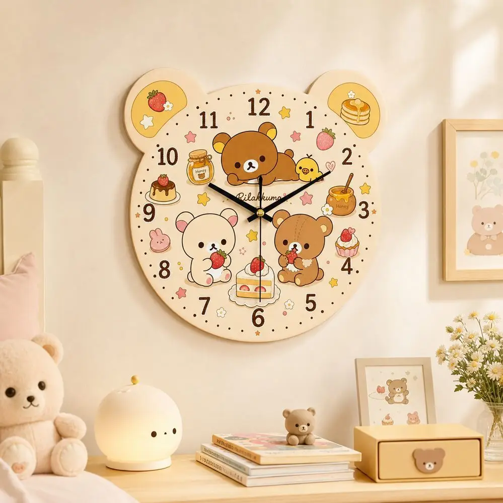 Cartoon Rilakkuma Wall Clock Kawaii Korilakkuma Kiiroitori Hanging Clock Kids Bedroom Living Room Silent Quartz Clock Home Decor